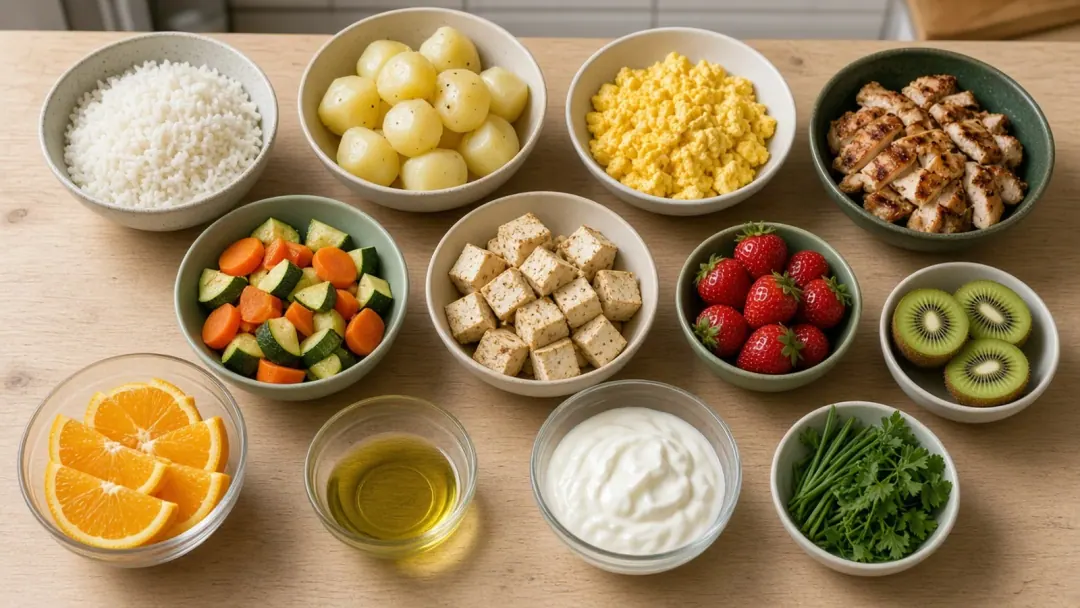 Mesa com bases low FODMAP da semana: arroz, batata, ovos, frango, cenoura, abobrinha, tofu, frutas e azeite