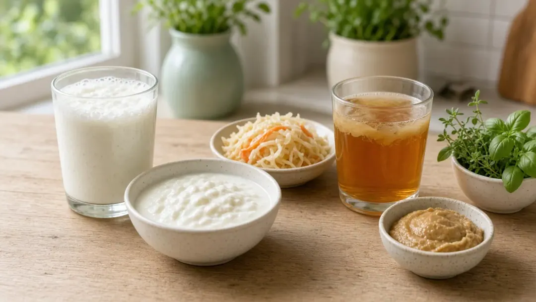 Mesa com kefir, iogurte natural, chucrute, kombucha e missô sob luz natural