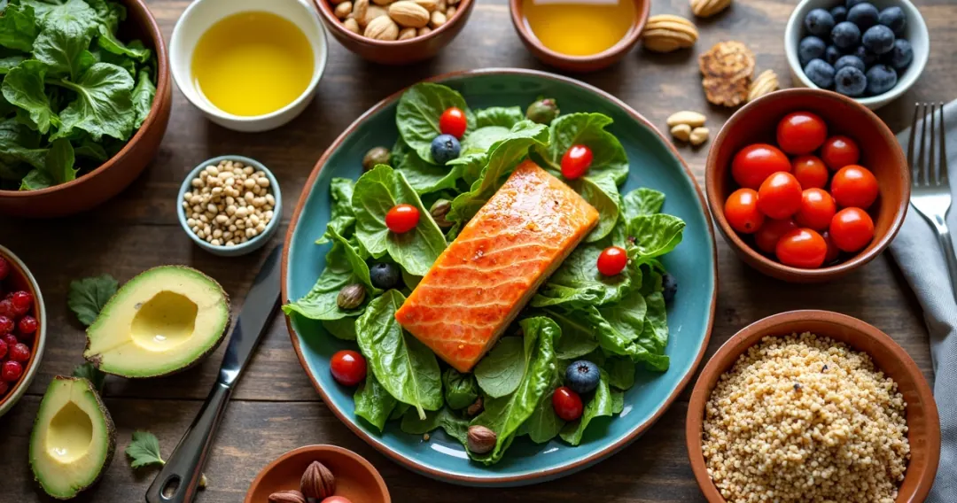 Mesa posta com refeições coloridas e ingredientes naturais