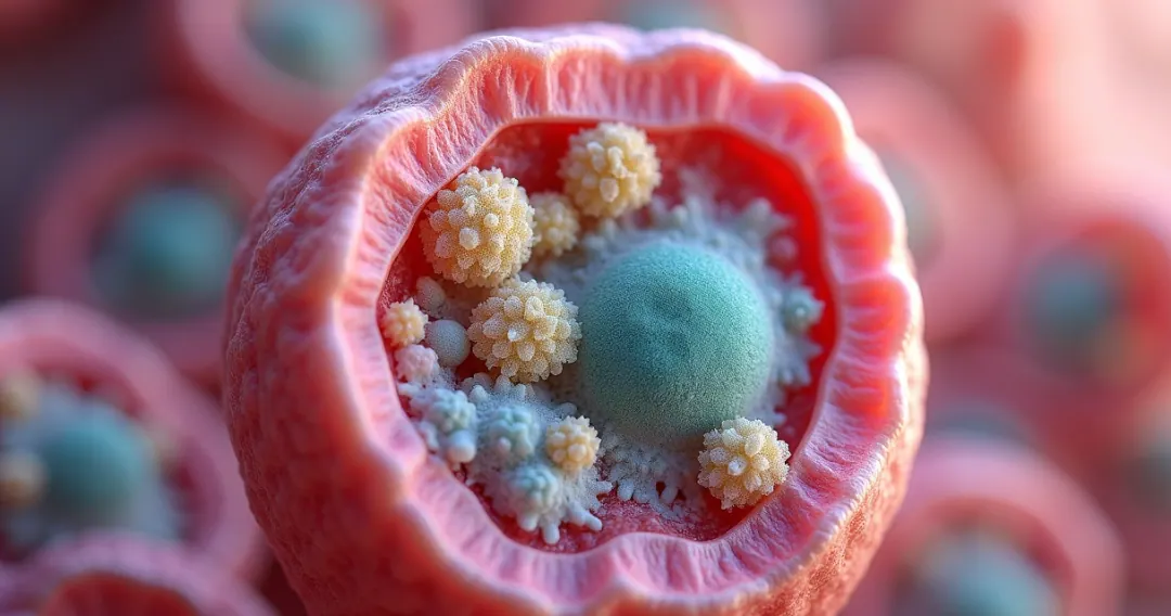Microscópio mostrando fungos e bactérias no intestino delgado