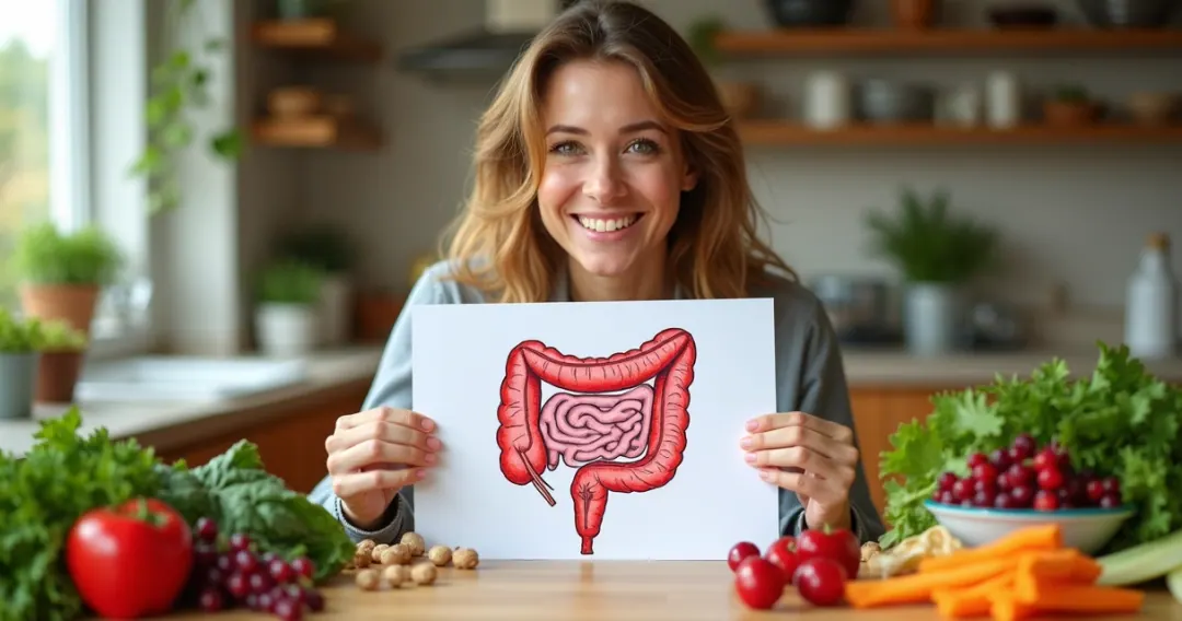 Mulher organizando alimentos frescos na cozinha, relacionando alimentação e equilíbrio hormonal