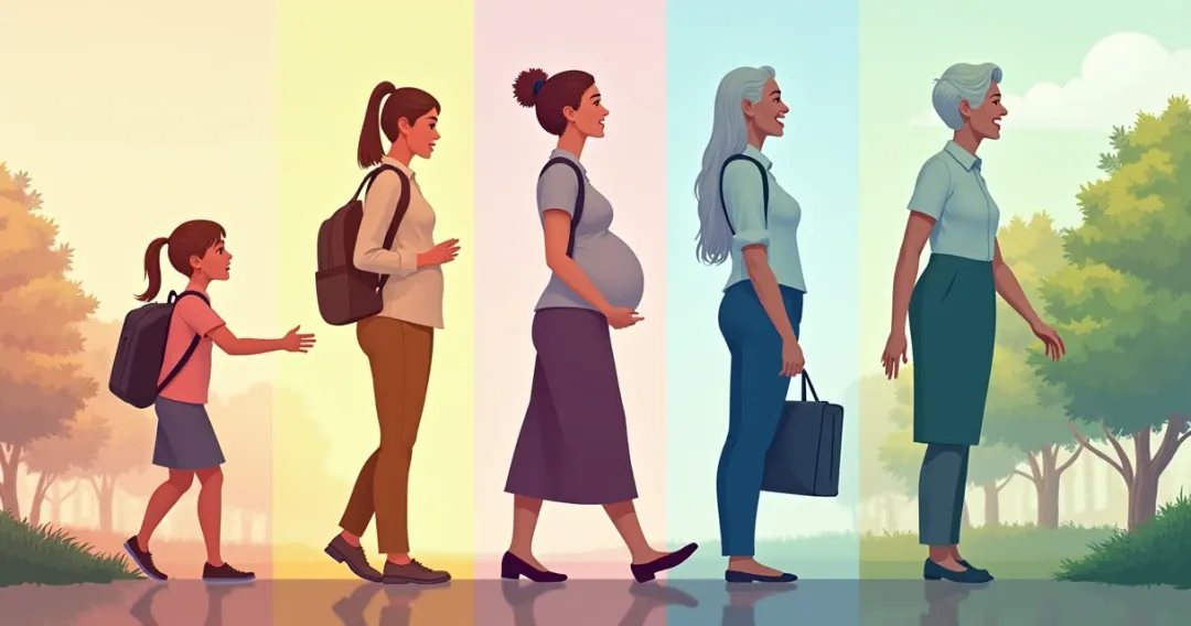 Ciclo da vida feminina representado com várias idades e fases.