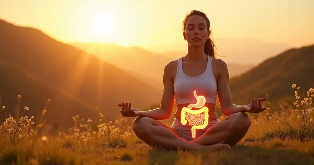 Mulher meditando sentada ao ar livre em posição de lótus ao amanhecer