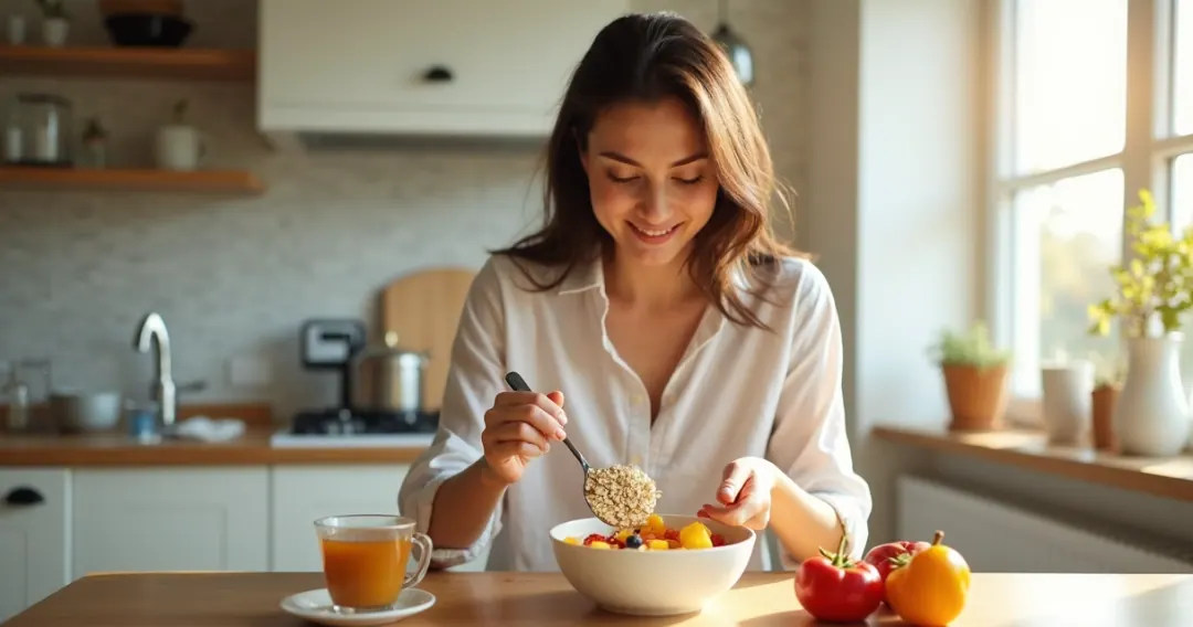 Mulher adulta misturando iogurte, frutas e aveia no café da manhã