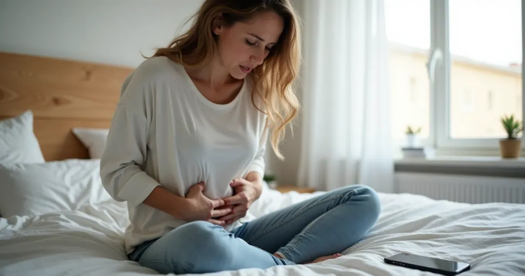 Mulher segurando o abdômen por desconforto intestinal e estresse.