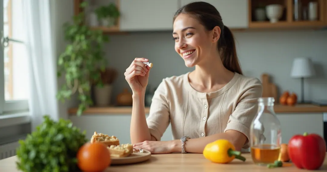 Mulher segurando suplemento alimentar e sorriso, fundo claro