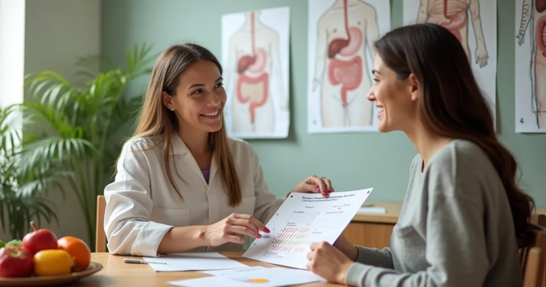 Nutricionista orientando paciente com ficha alimentar