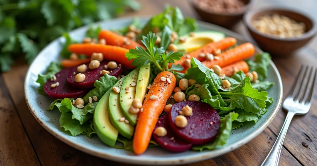 Prato colorido com vegetais e fibras, exemplo de alimentação anti-inflamatória no dia a dia