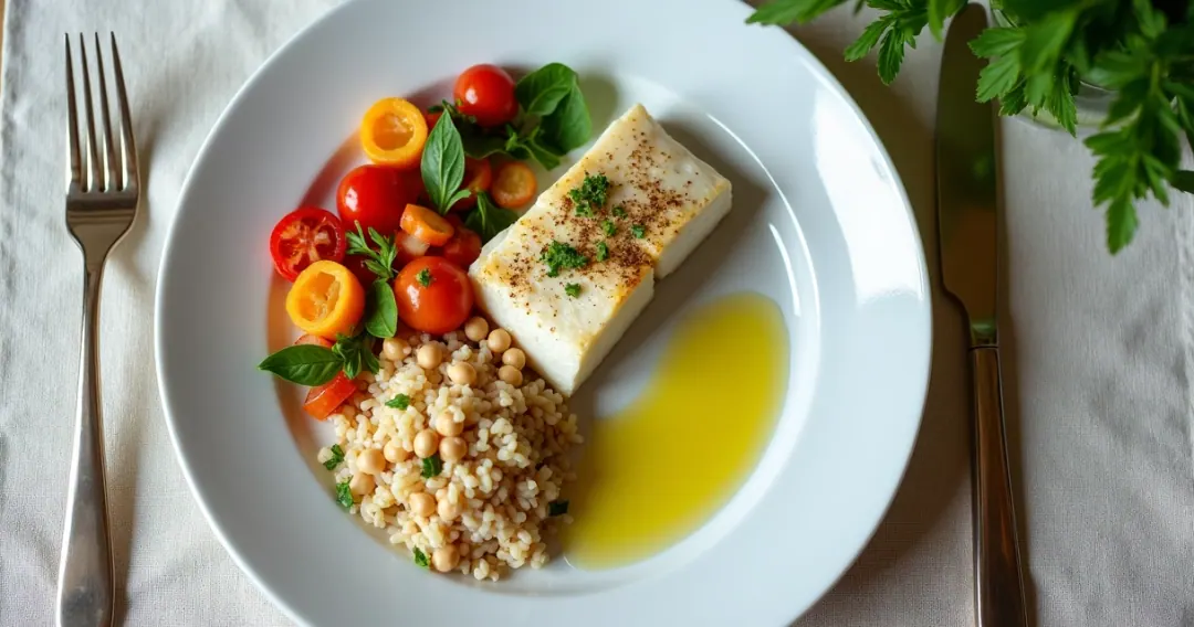 Prato colorido com vegetais, proteínas magras e leguminosas