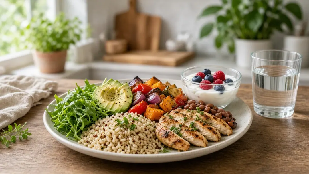 Prato com arroz, vegetais, abacate e salada sob luz natural, exemplo de comida de verdade