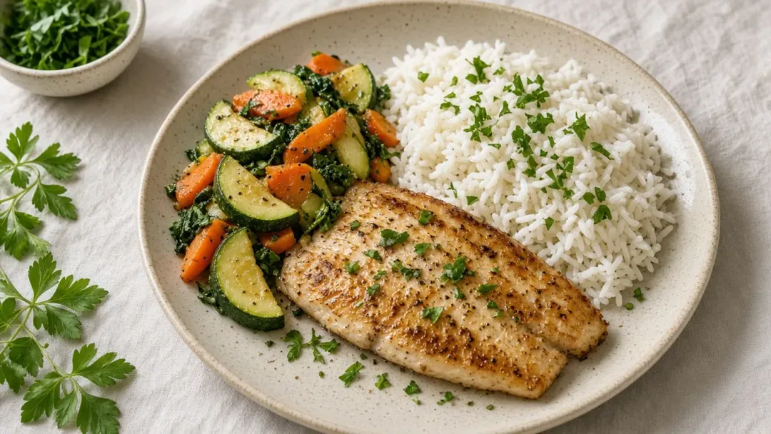 Prato simples feito na hora com arroz, peixe grelhado, abobrinha, cenoura e folhas verdes