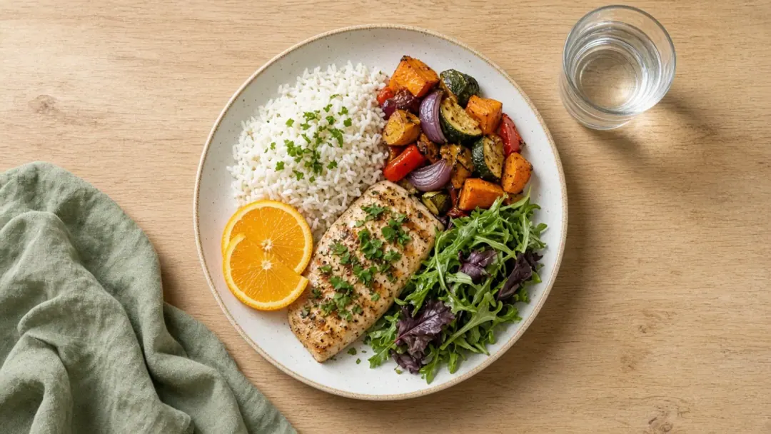 Prato colorido e organizado com arroz, legumes e proteína, exemplo de alimentação após fase restrita