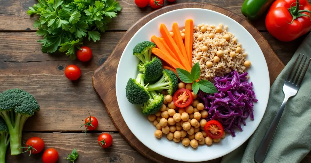 Prato colorido com legumes, grãos e vegetais frescos 