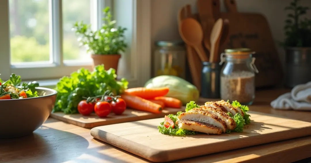 Utensílios de cozinha e ingredientes frescos em bancada organizada.