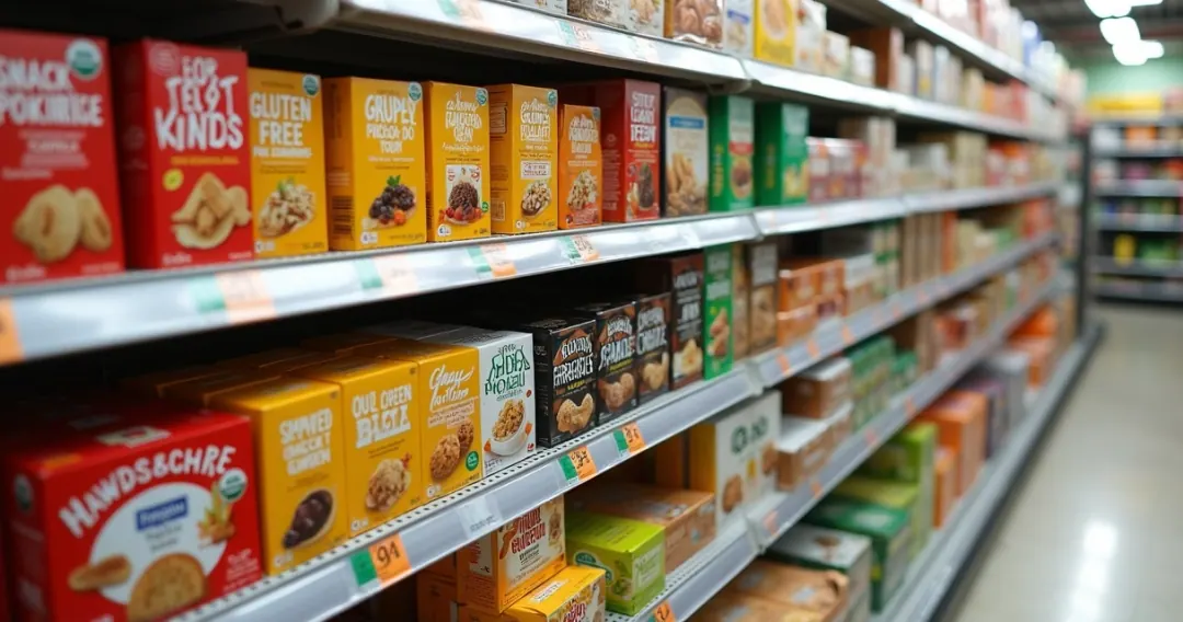 Prateleira de supermercado com variedade de produtos sem glúten organizados lado a lado 