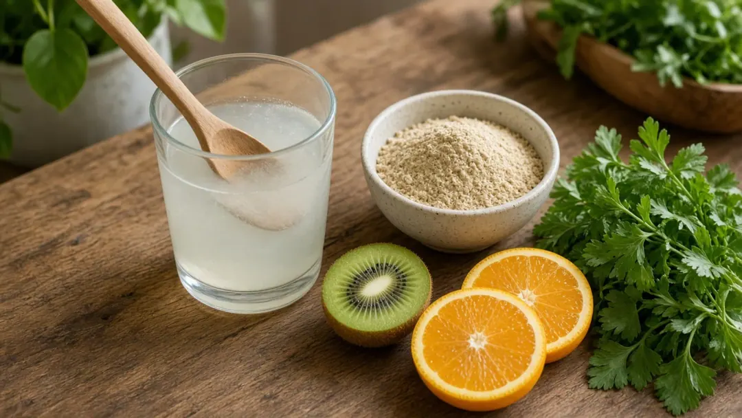 Copo com água e tigela de fibra psyllium sobre bancada de madeira com frutas