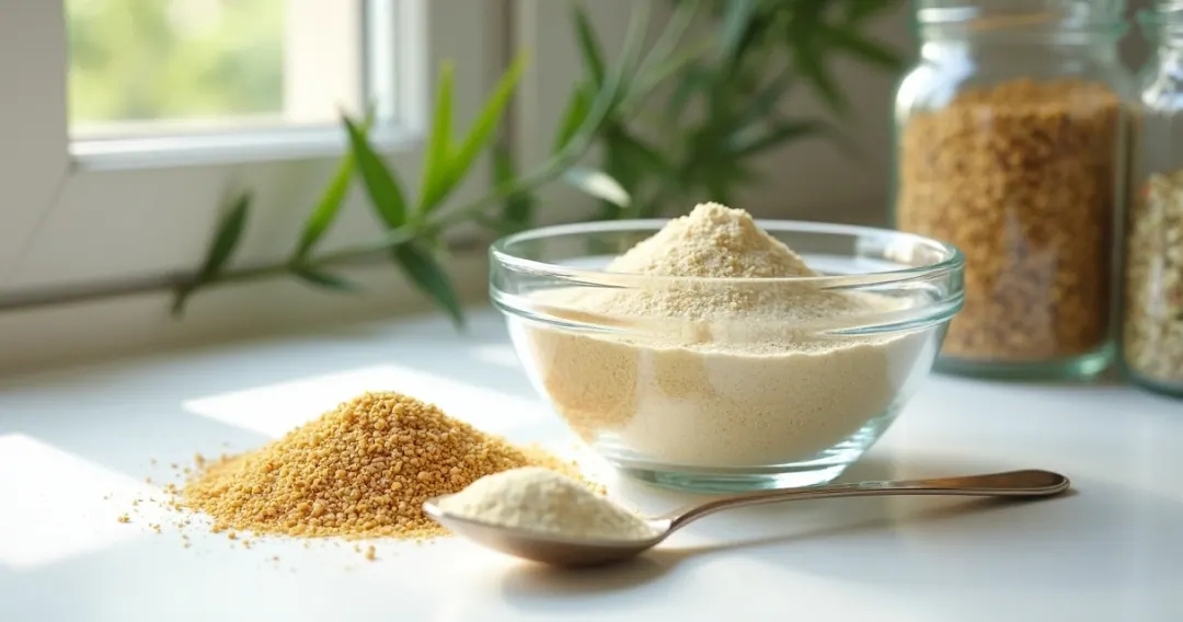 Psyllium em pó junto a folhas secas de sene sobre uma superfície clara 