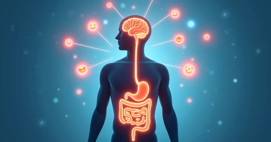 Ilustração do cérebro conectado ao intestino com símbolos de bem-estar 