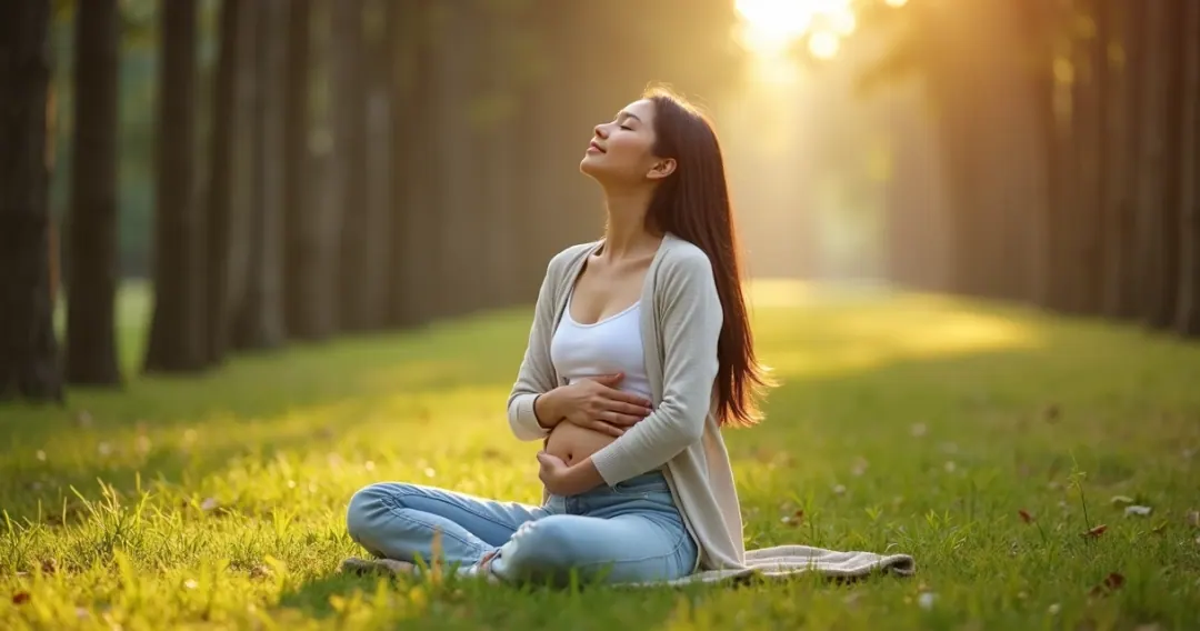 Mulher relaxando de olhos fechados em meio à natureza, tocando o abdome 