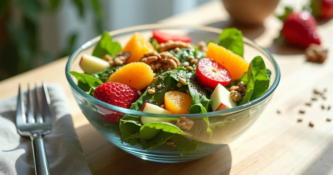 Salada colorida com frutas e sementes em tigela de vidro sobre mesa de madeira
