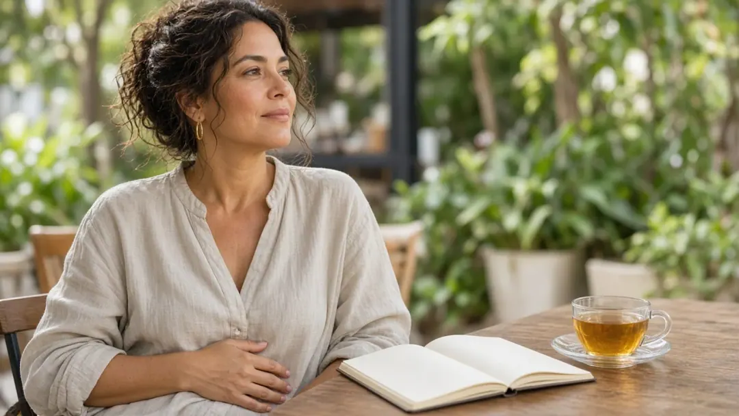 Mulher em ambiente claro refletindo sobre sintomas digestivos com caderno e chá ao lado