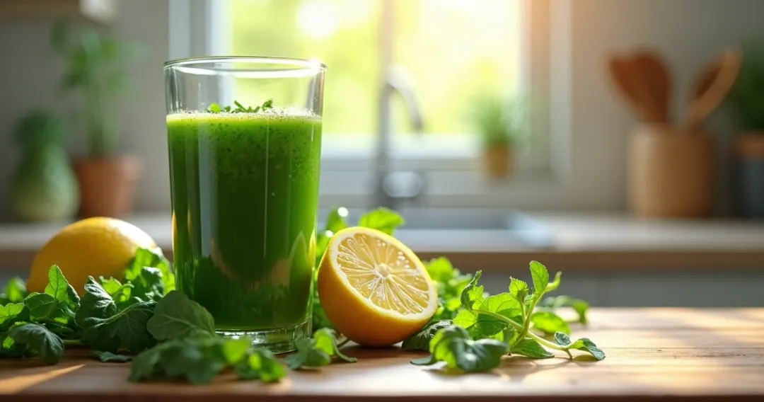 Suco verde em copo de vidro com folhas verdes ao fundo 