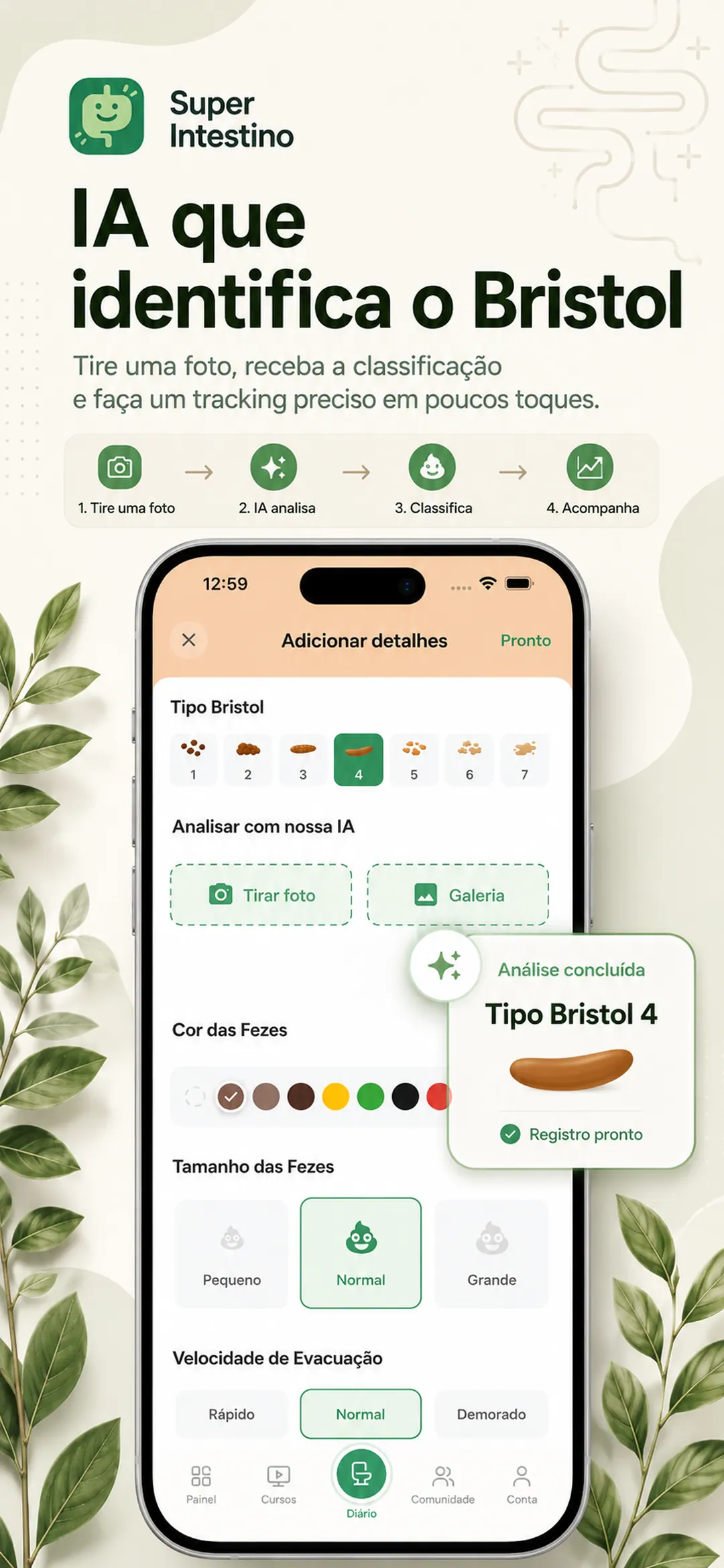Tela do app: a IA identifica o tipo de Bristol a partir de uma foto