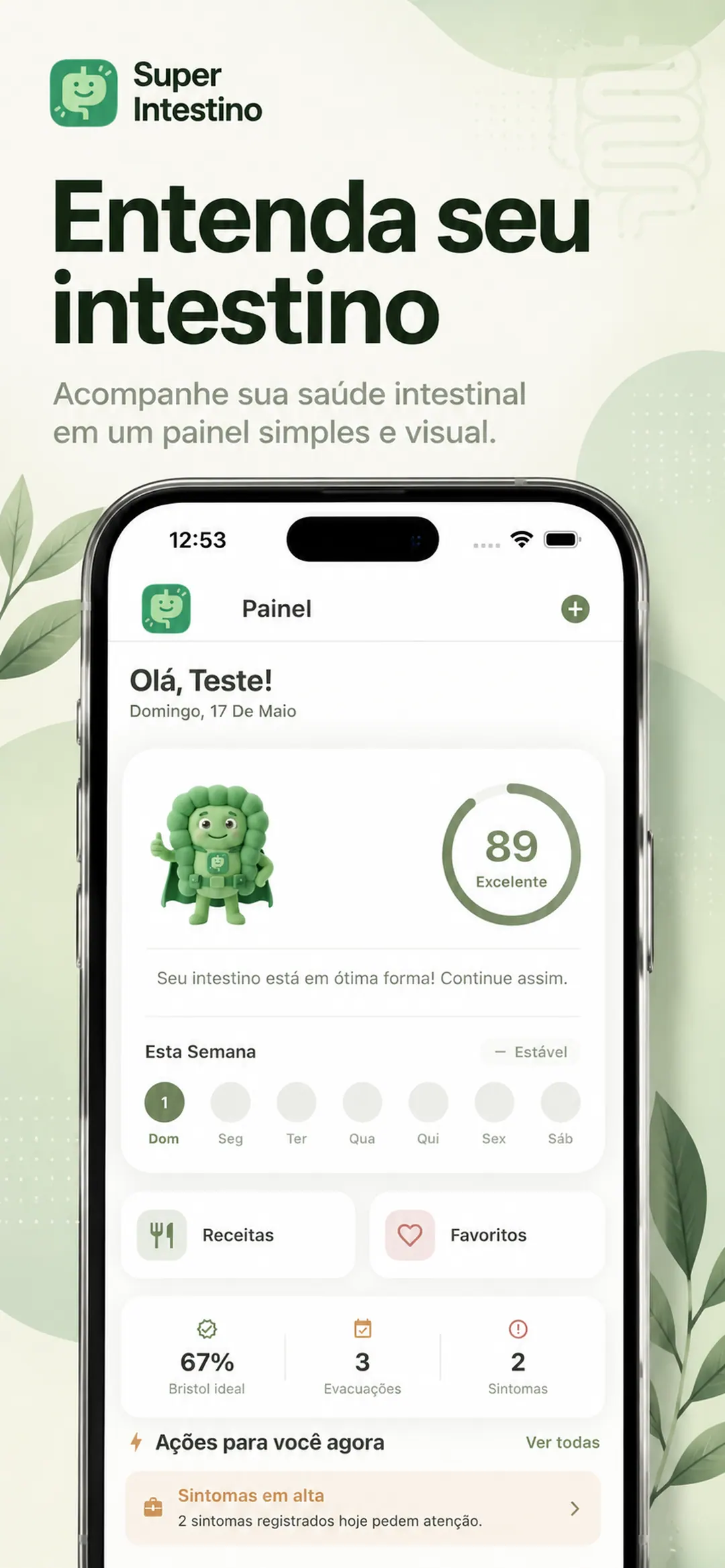 Tela do app: painel com a pontuação da saúde intestinal