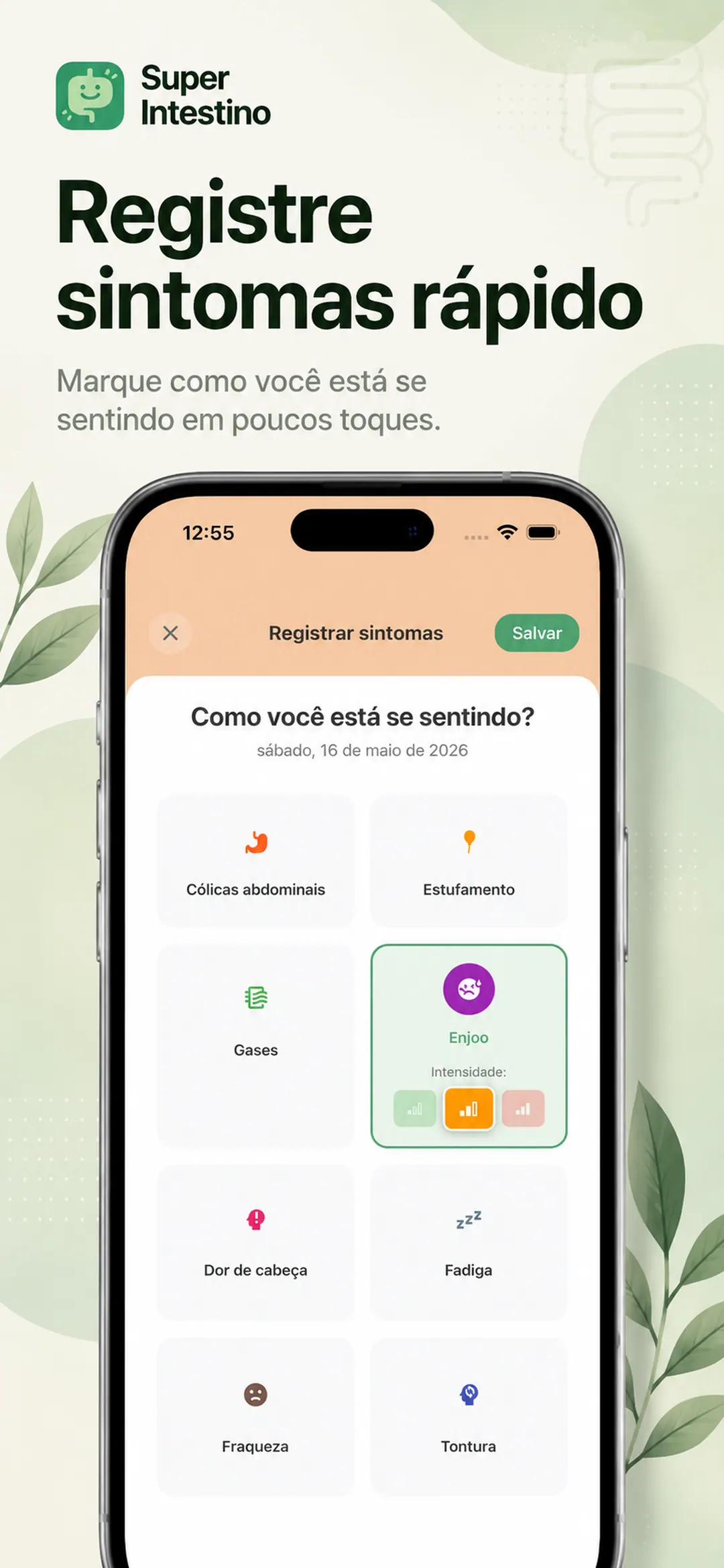 Tela do app: registro rápido de sintomas