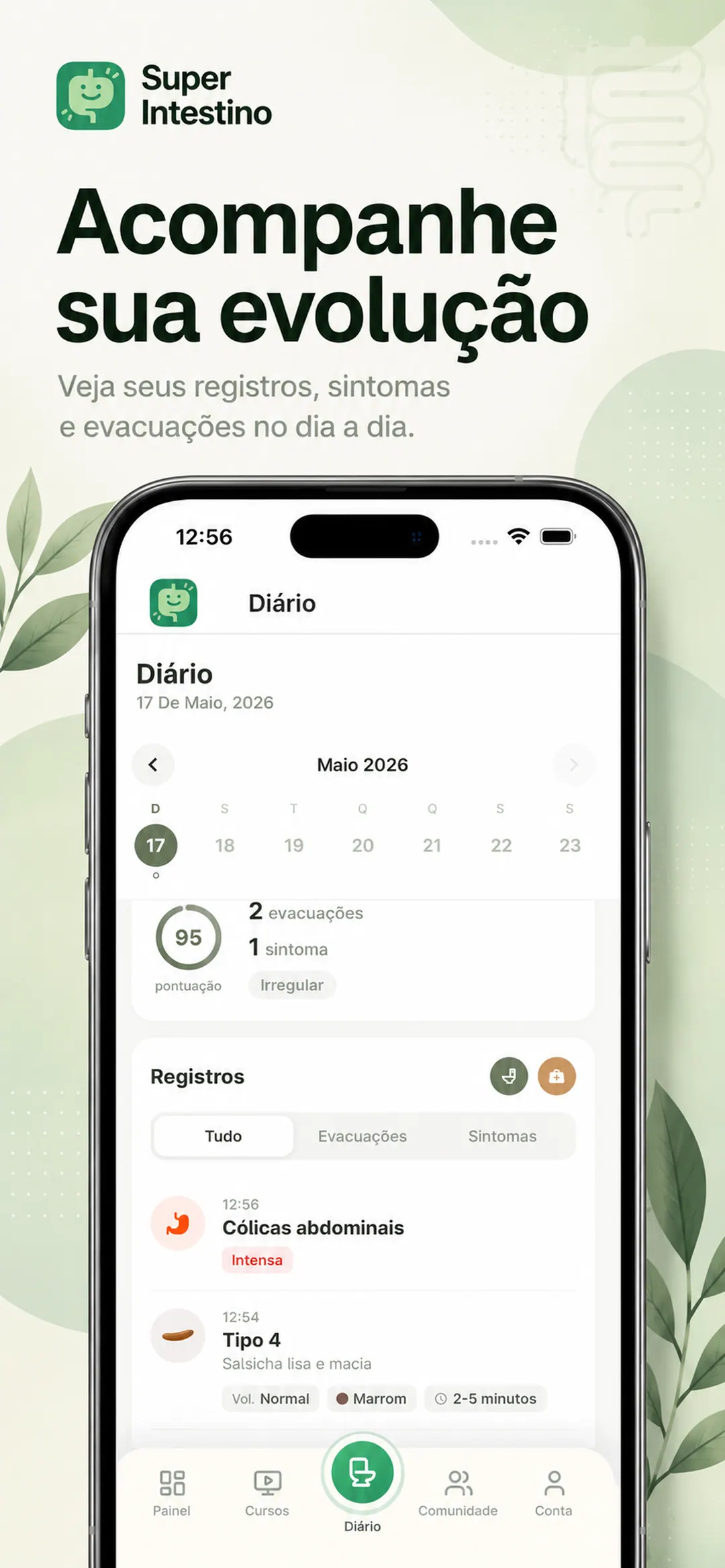 Tela do app: diário com histórico de evacuações e sintomas