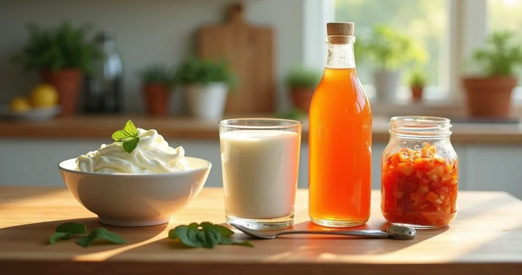 Mesa com alimentos fermentados variados como iogurte, kefir, kimchi e kombucha