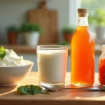 Mesa com alimentos fermentados variados como iogurte, kefir, kimchi e kombucha