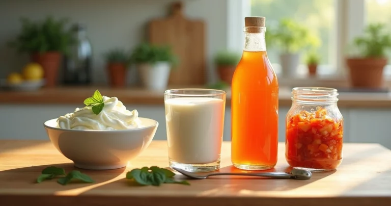 Mesa com alimentos fermentados variados como iogurte, kefir, kimchi e kombucha