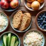 Mesa com variedade de alimentos ricos e pobres em FODMAPs organizados em tigelas de cerâmica sobre fundo de madeira clara