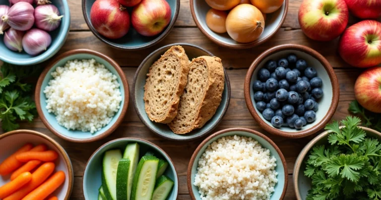 Mesa com variedade de alimentos ricos e pobres em FODMAPs organizados em tigelas de cerâmica sobre fundo de madeira clara