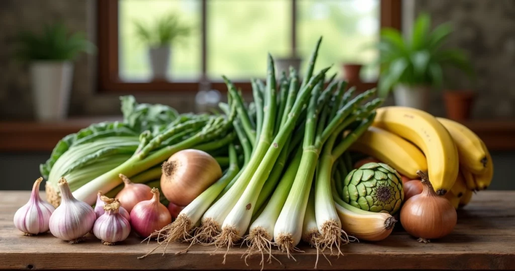 Variedade de alimentos prebióticos frescos e coloridos dispostos sobre mesa de madeira clara