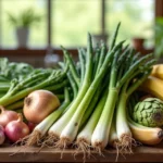 Variedade de alimentos prebióticos frescos e coloridos dispostos sobre mesa de madeira clara