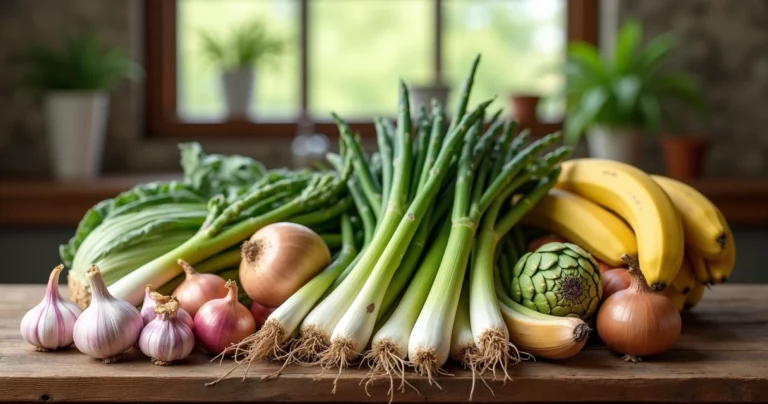 Variedade de alimentos prebióticos frescos e coloridos dispostos sobre mesa de madeira clara
