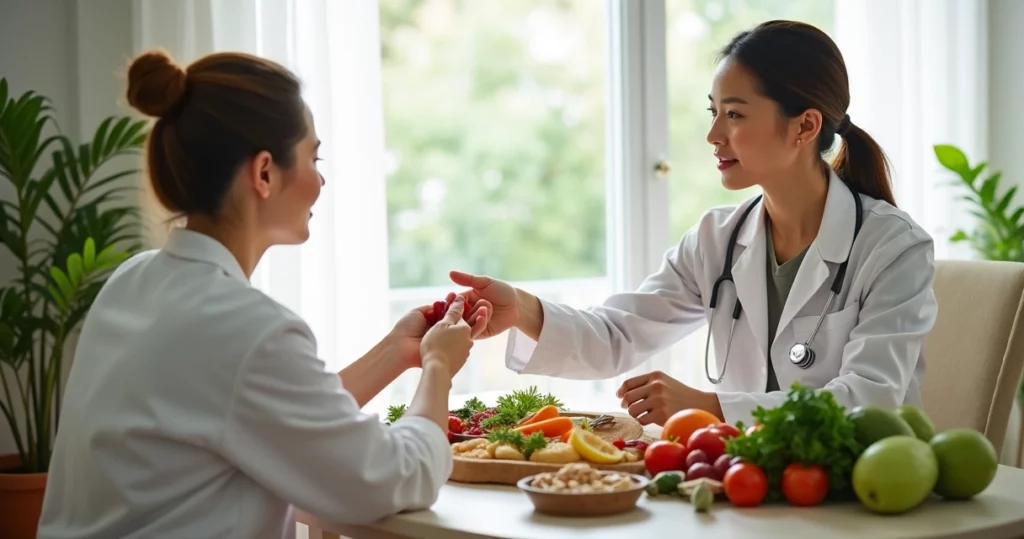 Mulher em consulta nutricional com profissional, analisando alimentos saudáveis e orientações