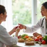 Mulher em consulta nutricional com profissional, analisando alimentos saudáveis e orientações