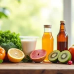 Mesa com alimentos ricos em fibras, frutas, probióticos naturais e frascos de suplementos para saúde intestinal
