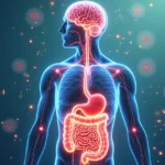 Representação detalhada da conexão entre cérebro e intestino mostrando sistema digestivo e cérebro interligados por linhas coloridas