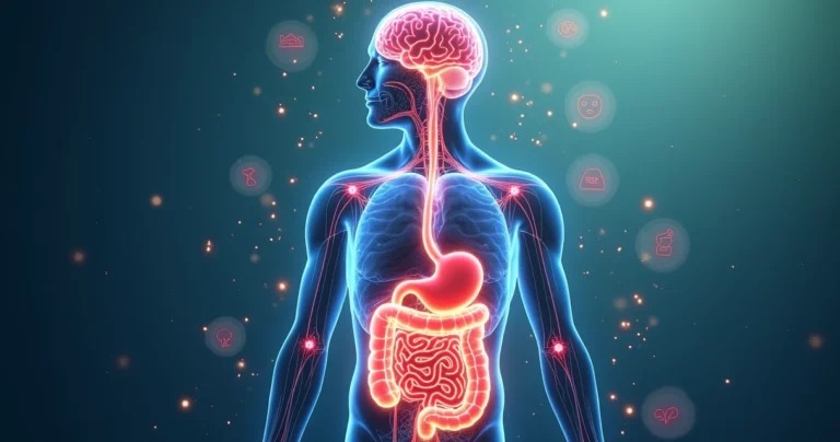 Representação detalhada da conexão entre cérebro e intestino mostrando sistema digestivo e cérebro interligados por linhas coloridas