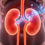 Ilustração detalhada das glândulas suprarrenais produzindo cortisol no corpo humano