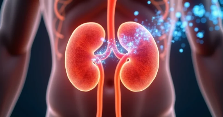 Ilustração detalhada das glândulas suprarrenais produzindo cortisol no corpo humano