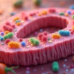 Representação detalhada do intestino humano destacando microbiota e funcionamento
