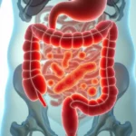 Representação realista do intestino delgado com destaque para crescimento bacteriano excessivo e sintomas como gases e dor abdominal