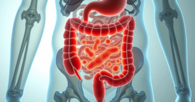Representação realista do intestino delgado com destaque para crescimento bacteriano excessivo e sintomas como gases e dor abdominal