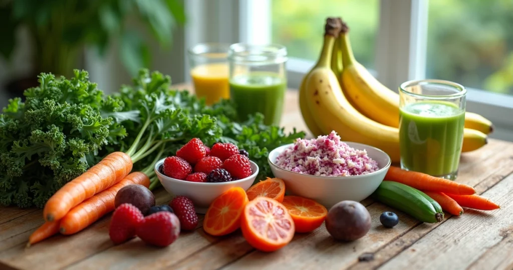 Mesa com alimentos naturais ricos em fibras e probióticos para saúde intestinal
