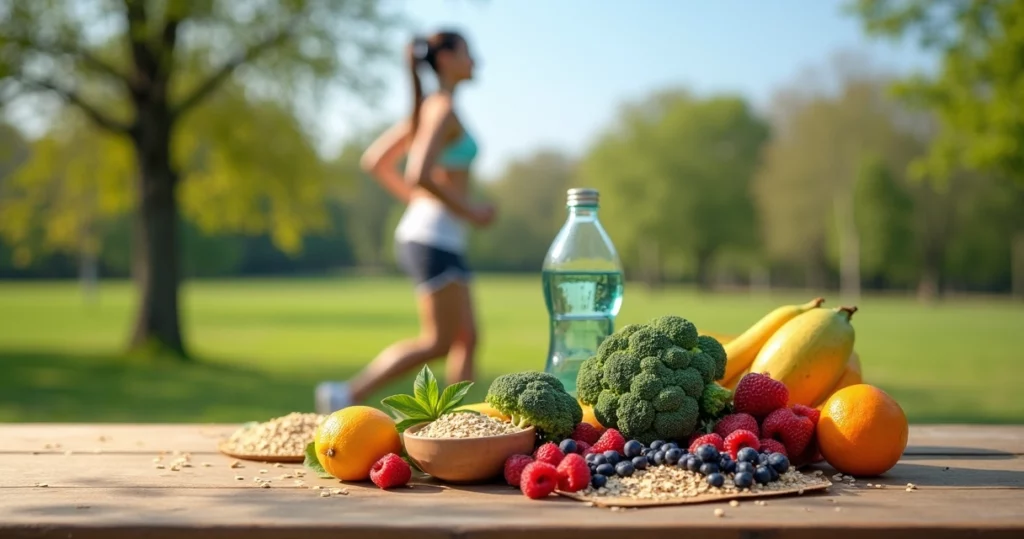 Alimentos ricos em fibras, garrafa de água, frutas e mulher praticando caminhada ao ar livre
